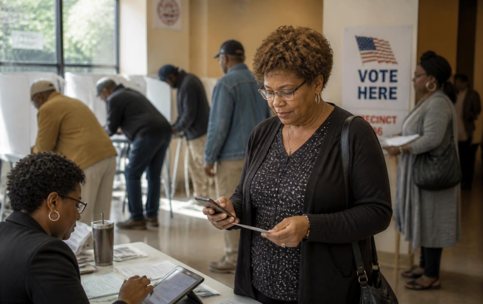 A Black woman checking her phone while holding her ballot at a polling place