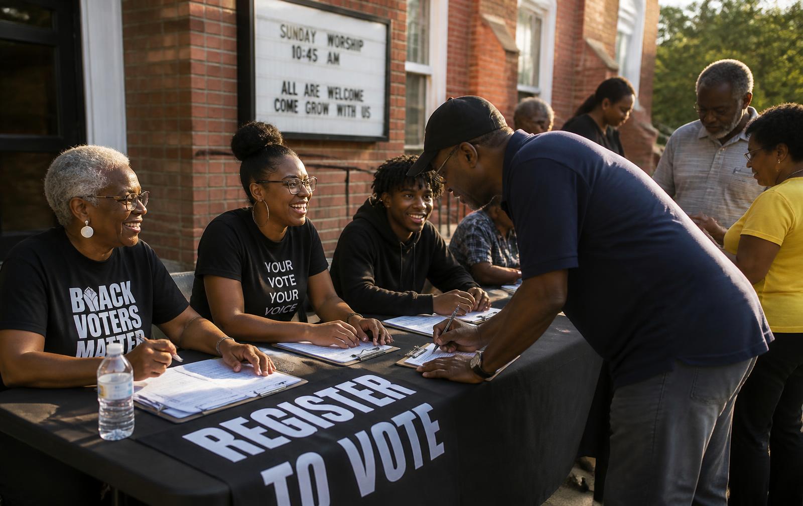 Volunteers registering neighbors to vote at a table outside a church
